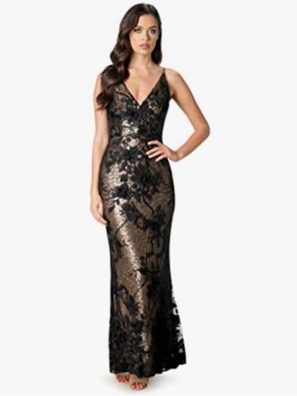 Dress the Population Sharon Gown v Neck, Mermaid black lace gold sequins NWT